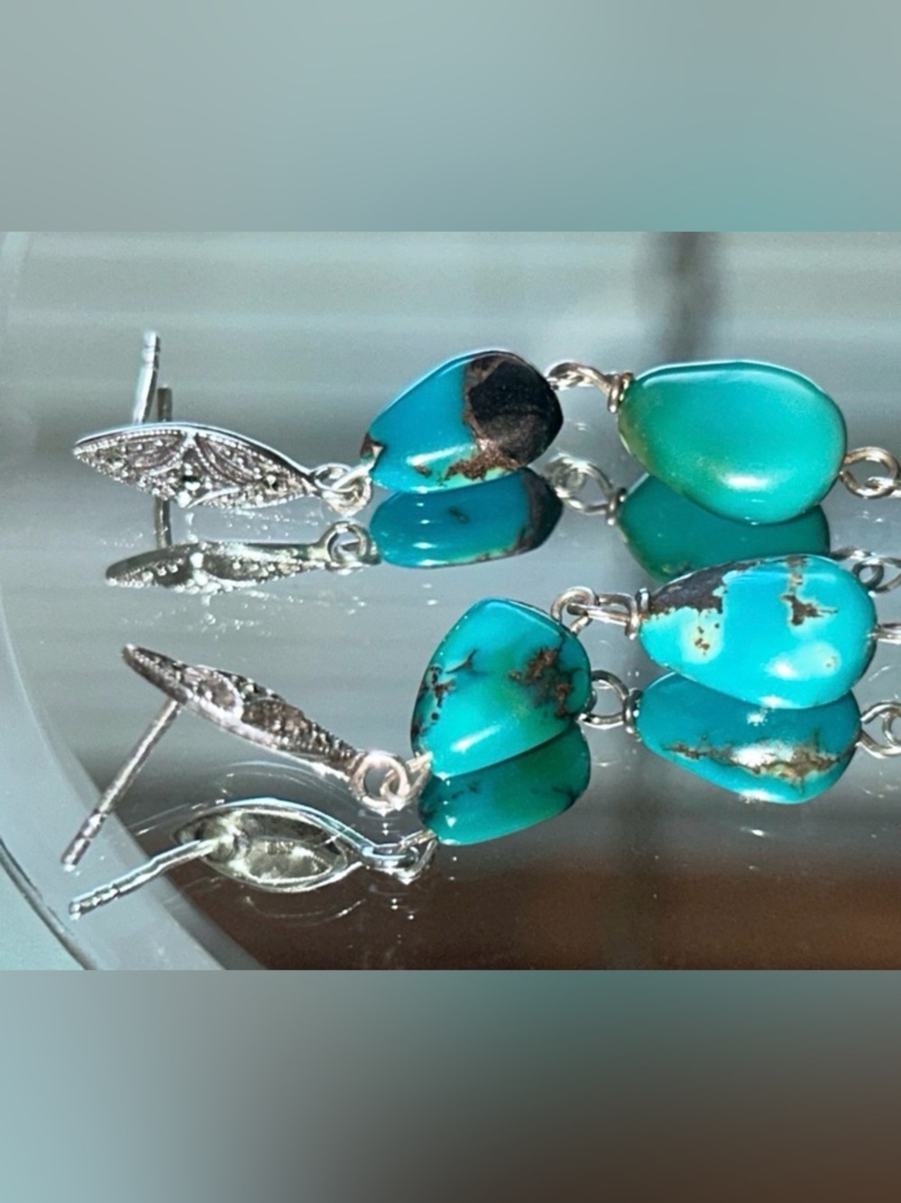 Gorgeous Native American Navajo Turquoise Marcasite Sterling 925 Drop Earrings - Picture 13 of 16